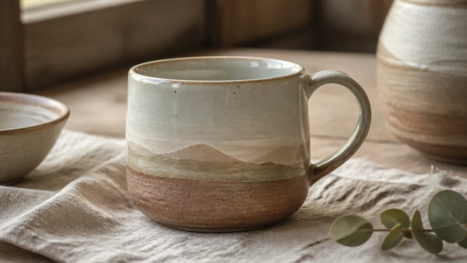 A mug glazed as a simple landscape, a band of pale sky over dusty hills and a darker earth base, layered scenic glazing.
