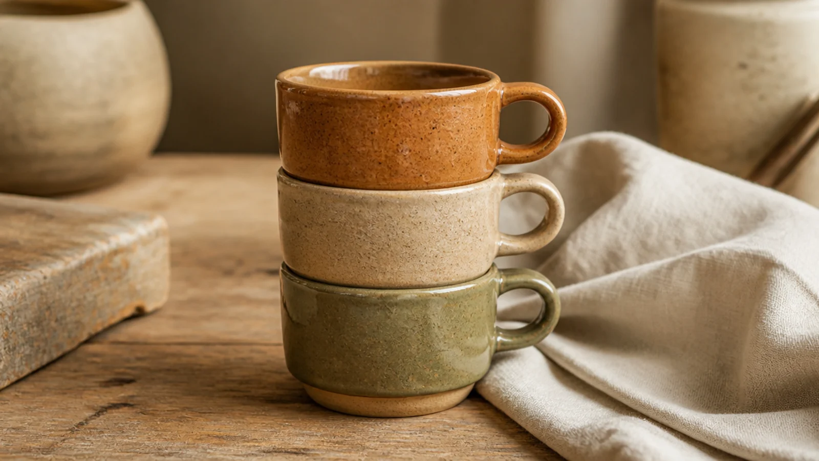 A set of three small matching espresso cups in graduated earth-tone glazes - terracotta, sand, and olive - that stack neatly.