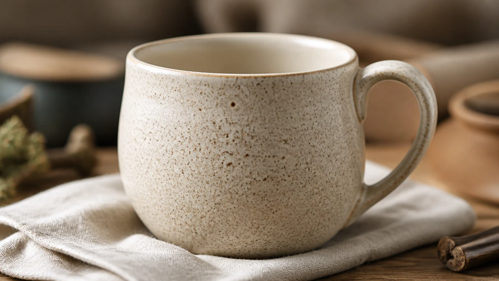 A rounded 12-ounce stoneware coffee mug with softly dimpled walls in a warm cream glaze and a small pulled handle, on a linen napkin.