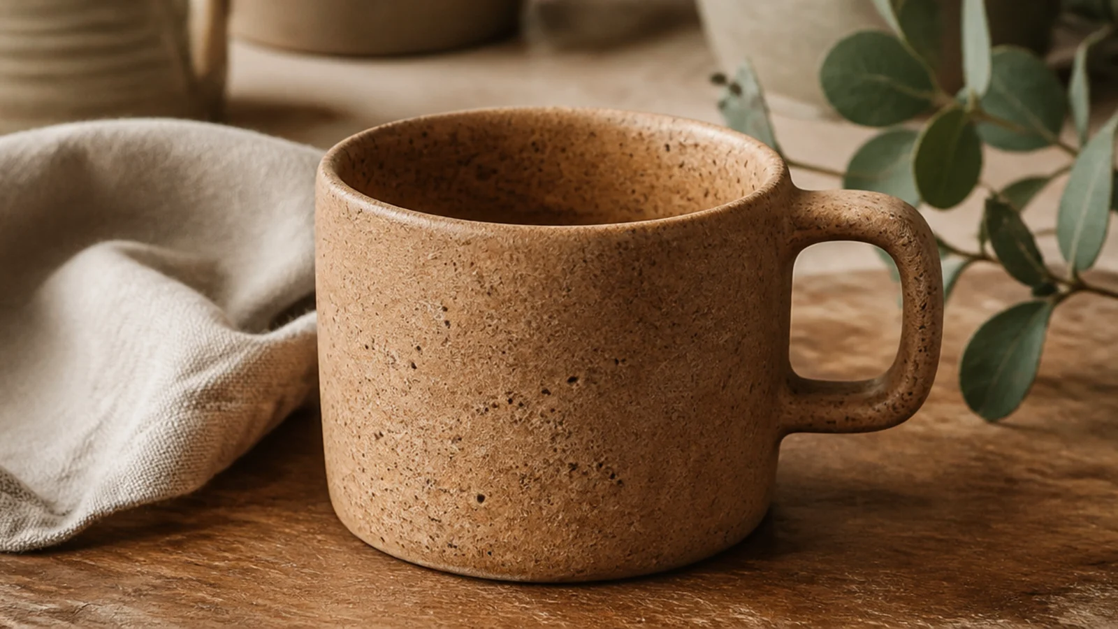 A straight-sided cylindrical coffee mug in speckled clay with visibly substantial walls and a chunky strap handle, on a wooden board.