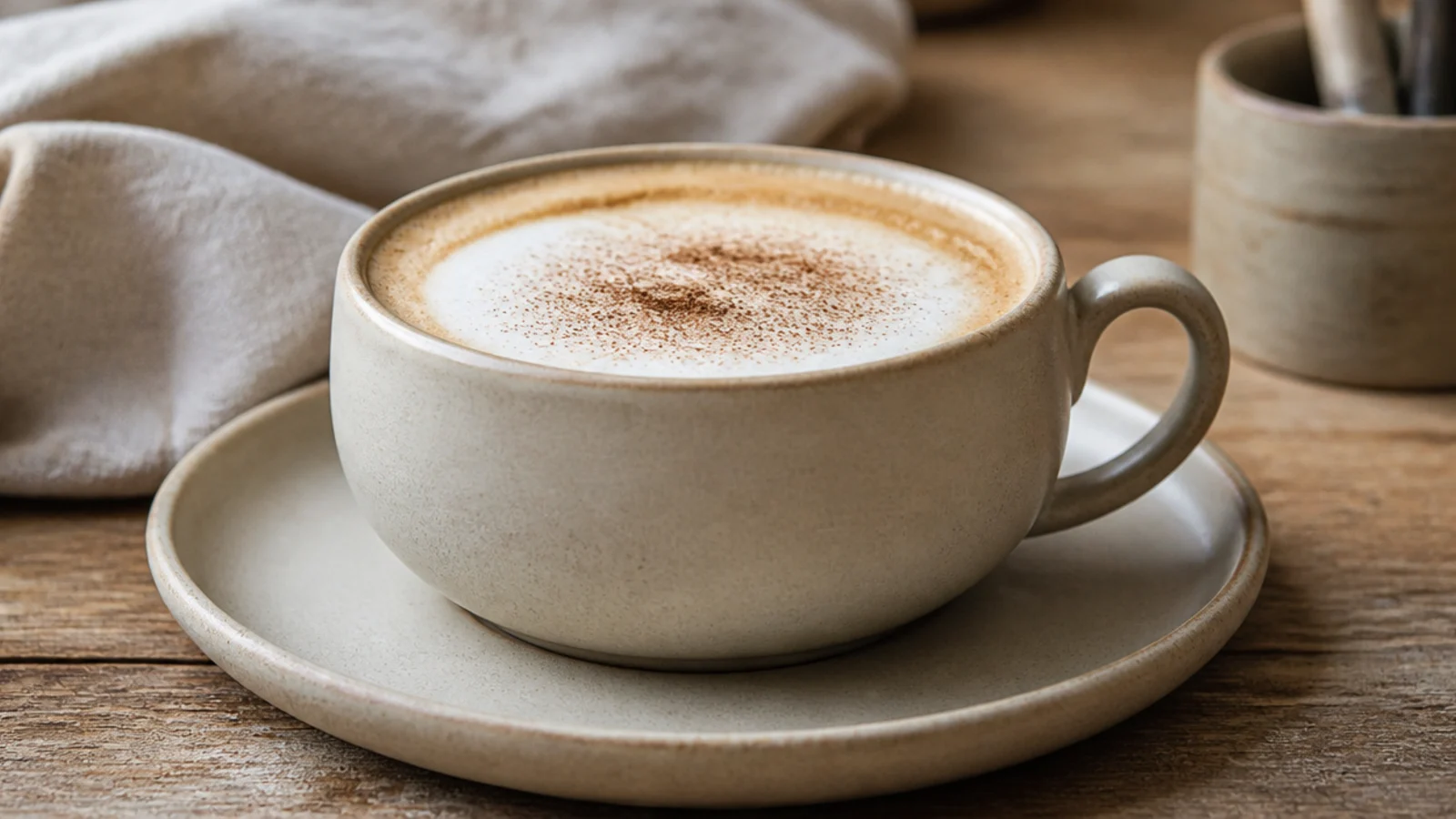 A low, wide 6-ounce cappuccino mug with gently sloping sides glazed in matte oat, a curved handle, on a saucer.
