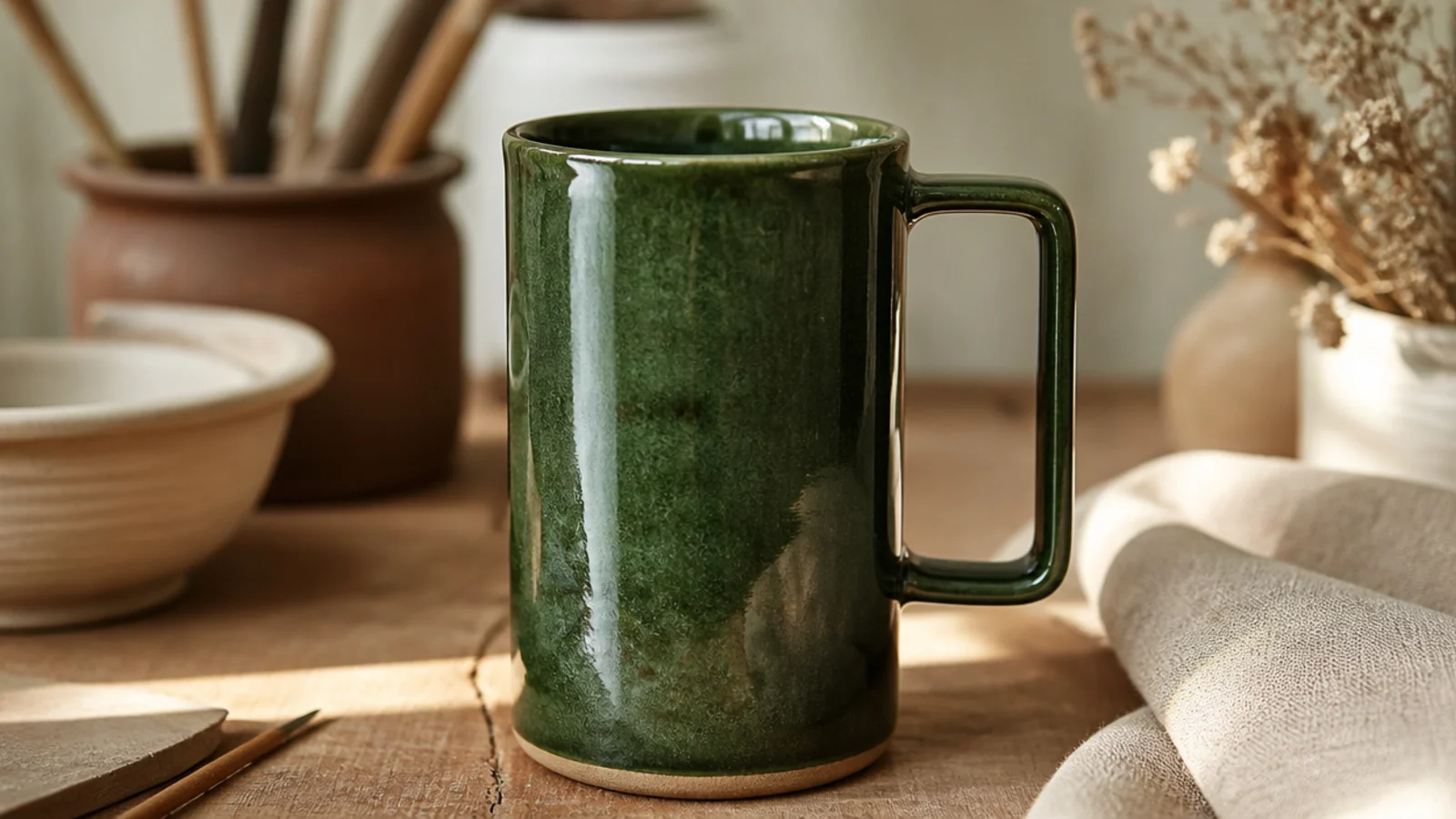 A tall, narrow coffee mug in deep forest-green glaze with a slim profile and a straight pulled handle, on a pale wood table.