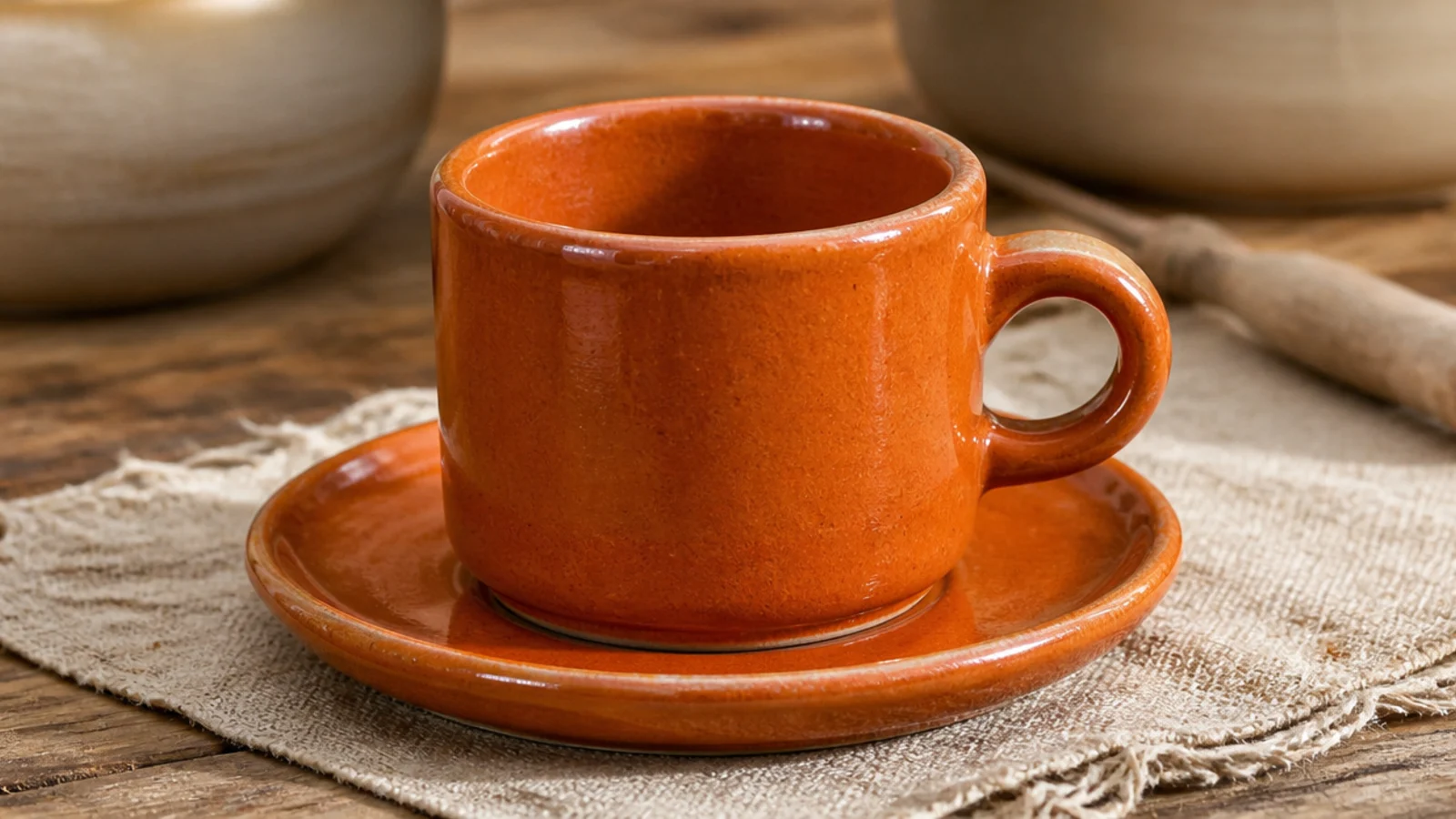 A tiny 3-ounce espresso cup in glossy terracotta-orange glaze with a small loop handle, sitting on a matching mini saucer.