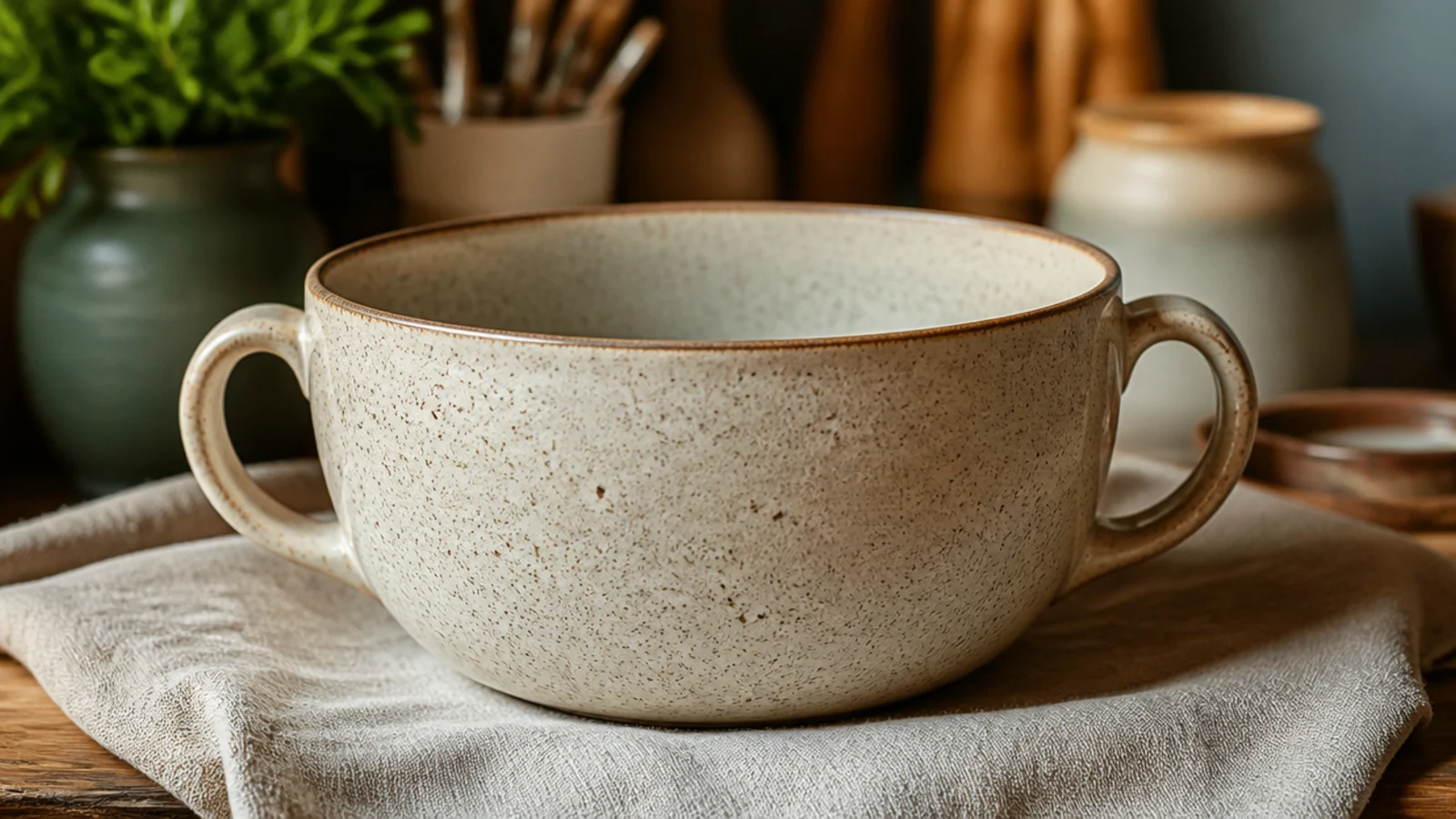 A large 16-ounce wide latte bowl mug in speckled cream glaze with two small side handles, cradled on a linen surface.