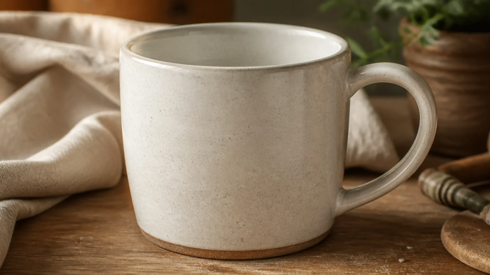 A cream stoneware coffee mug with a generous, ergonomic pulled handle wide enough for two fingers, glazed in soft white, on wood.