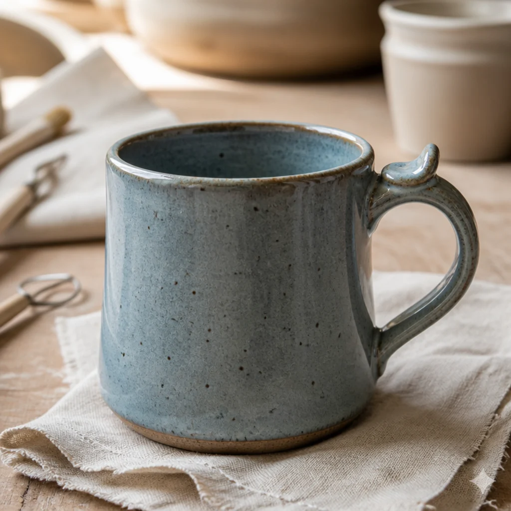 A dusty-blue coffee mug with a pulled handle topped by a small sculpted thumb rest, glazed glossy, on a linen napkin.