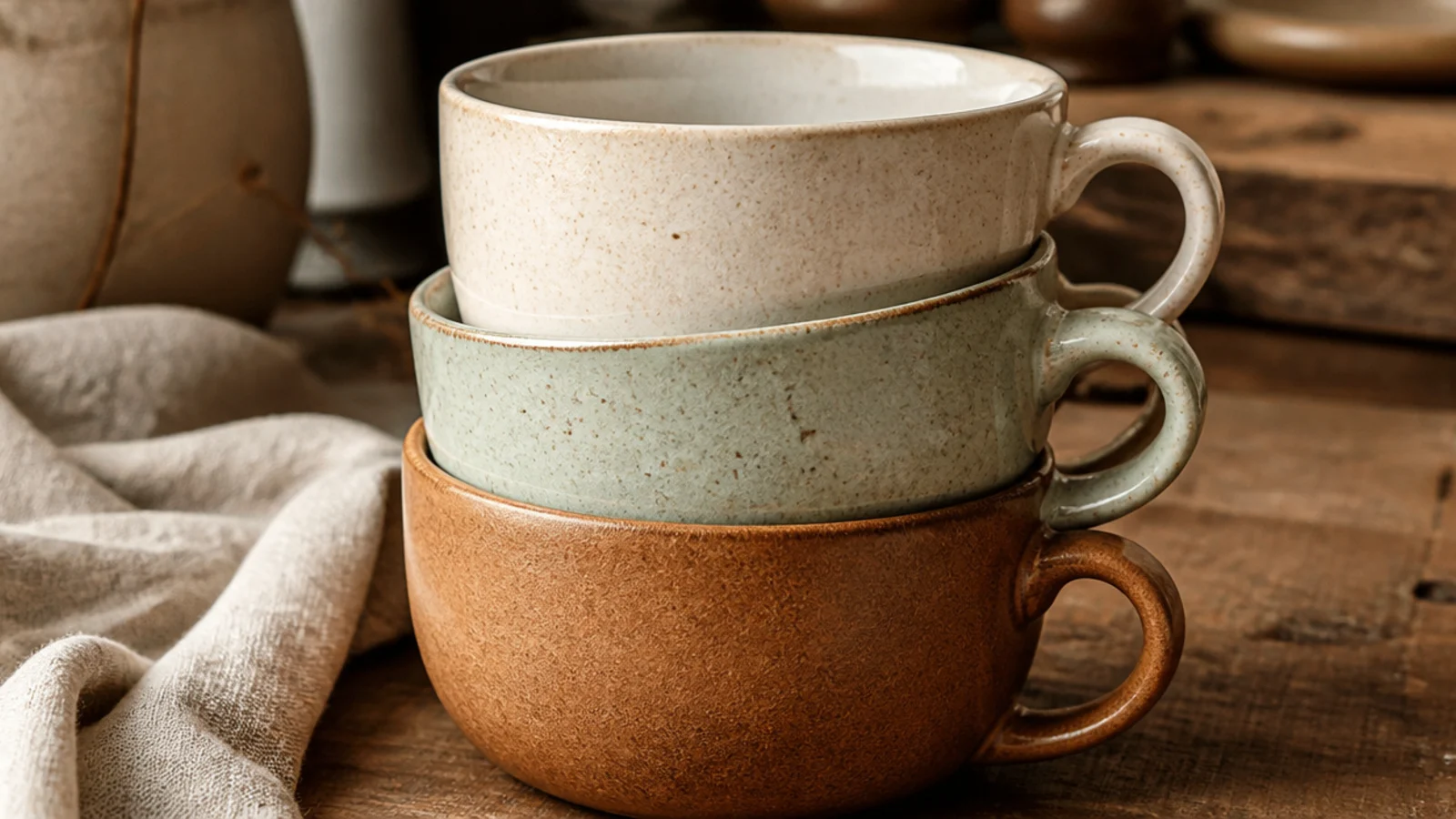 A set of three straight-sided coffee mugs stacked neatly inside each other in graduated earthy glazes, on a wood shelf.