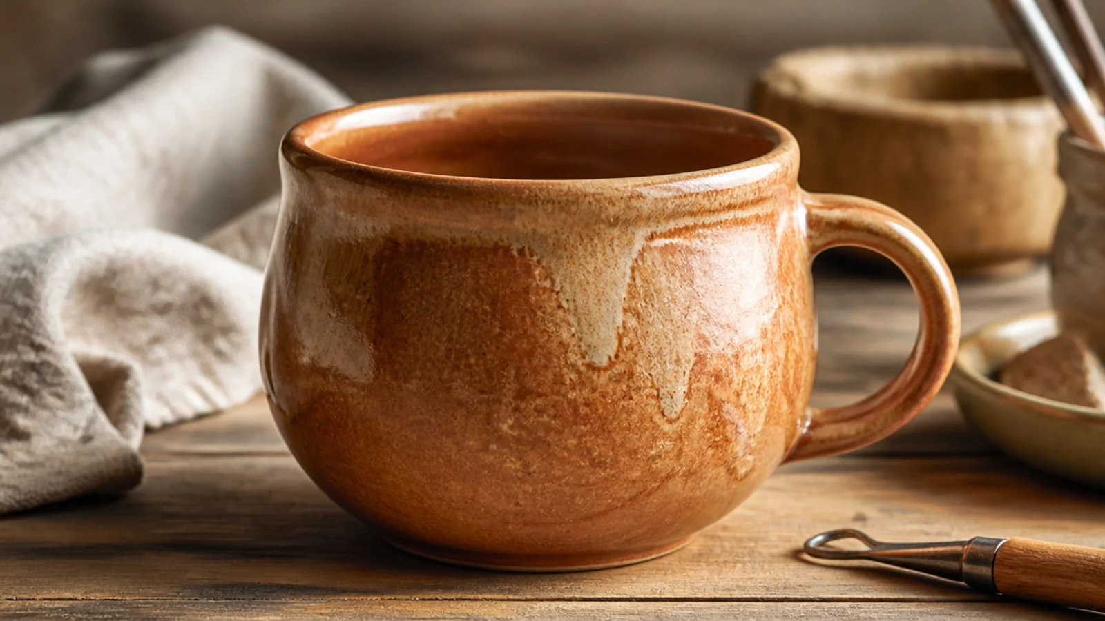 A rounded coffee mug with a gently flared drinking rim glazed in a warm earthy amber-brown, the glaze breaking lighter over the curves, on wood.