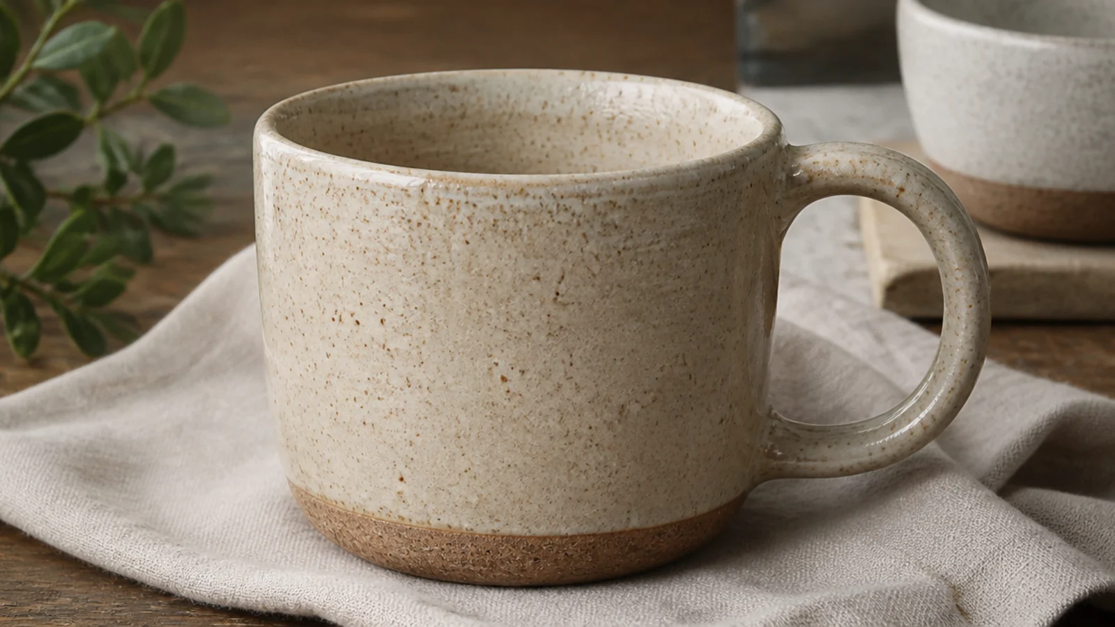 A simple coffee mug in speckled buff clay under a clear satin glaze showing natural iron flecks, with a raw unglazed foot, on linen.