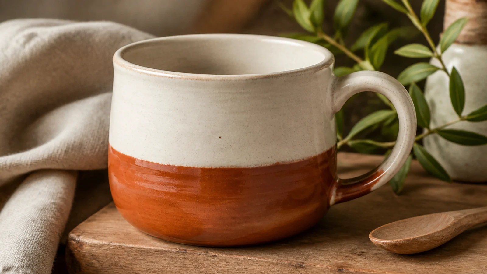 A cream coffee mug with the bottom half dipped in glossy rust-orange glaze meeting a clean horizontal line against the bare cream top, on a board.