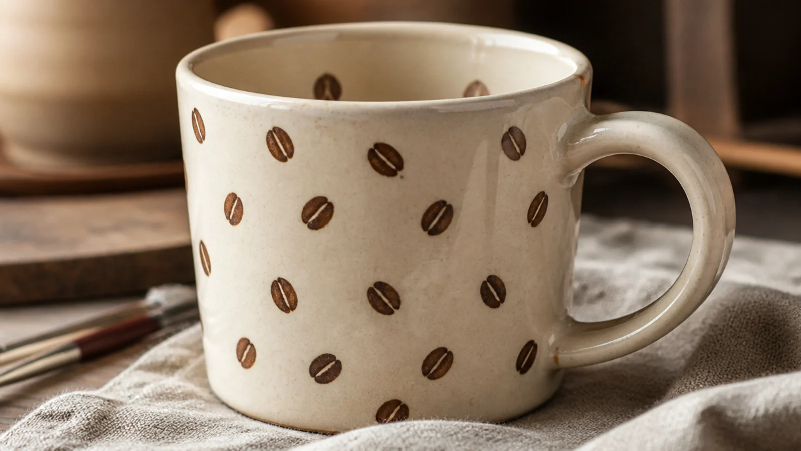 A cream coffee mug hand-painted with a scattered pattern of small brown coffee beans in underglaze, each with a center line, under a clear glaze, on linen.
