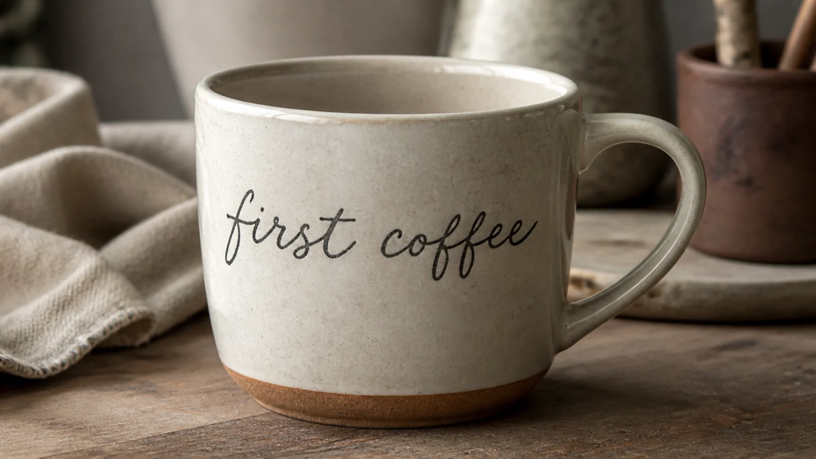 A warm cream coffee mug with the phrase first coffee hand-lettered in charcoal underglaze script wrapping the upper body, under a clear glaze, on a wood table.