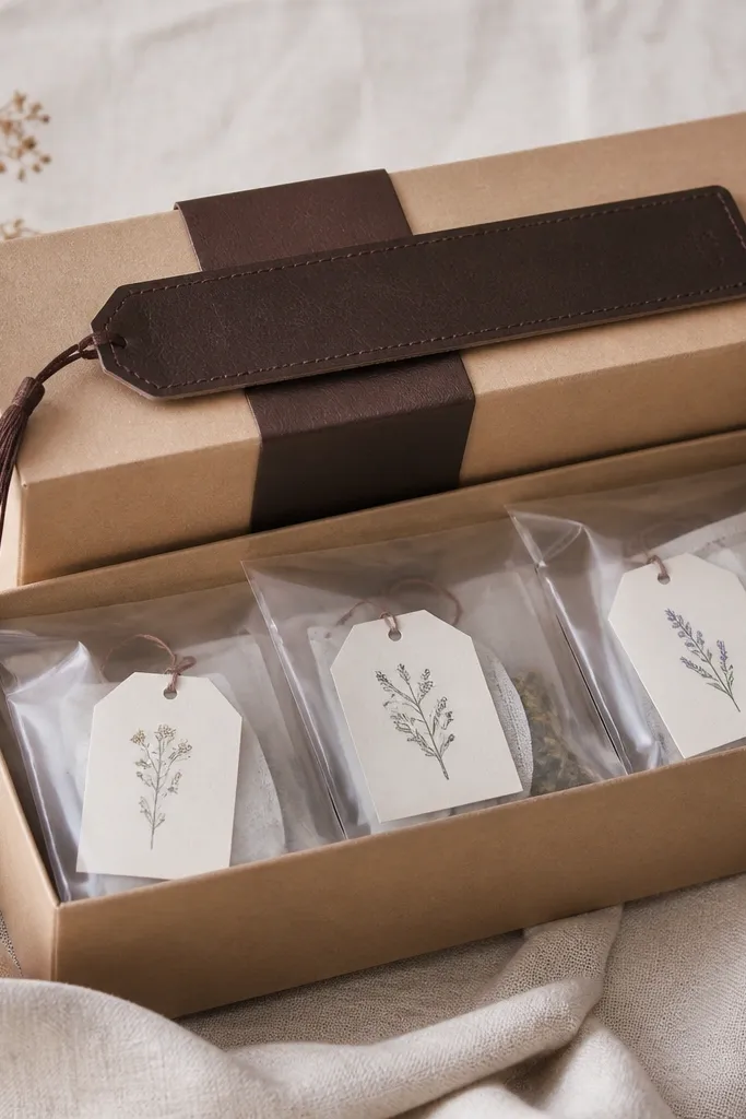 A kraft paper gift box with a dark brown faux leather band wrapped around the middle. On top sits a flat faux leather bookmark with neat stitched edges, and inside are three small clear pouches of tea sachets with handwritten tags.