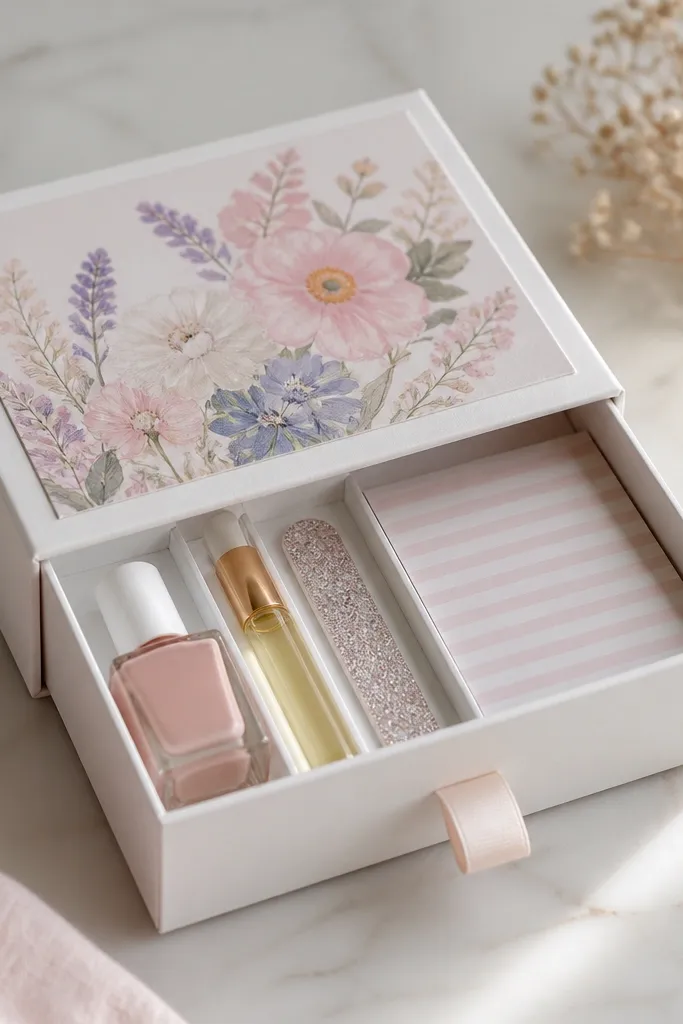 A white craft drawer box with a sliding inner tray. The top has a pastel floral label, and the drawer holds a small bottle of nail polish, a cuticle oil roller, a mini glitter nail file, and a folded note on striped paper.