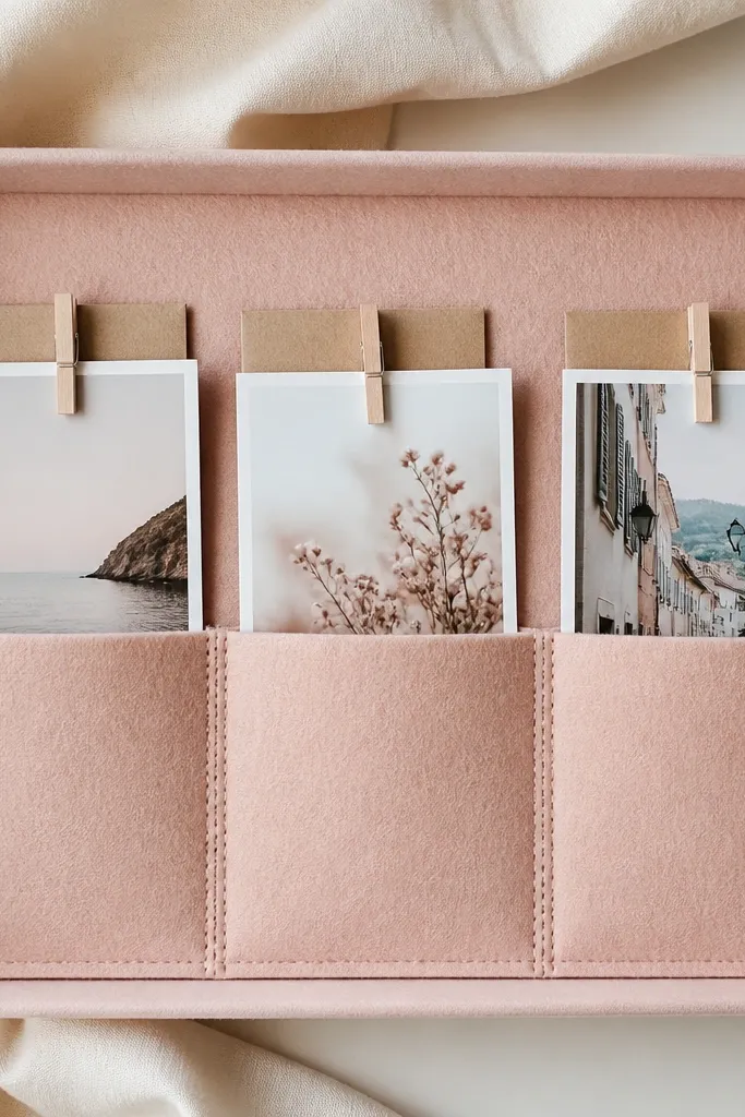 A pastel felt-lined box with three vertical felt pockets stitched in place. Each pocket holds a small glossy photo print, with a tiny clothespin clipped to each one and a single kraft card tucked behind.