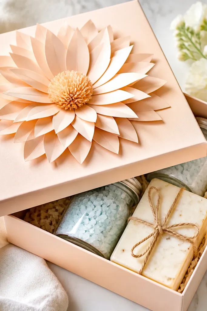 A light peach box lid covered with a large layered paper sunburst flower. Inside are small jars of bath salts in pale blue and pink, plus a wrapped soap bar tied with twine.