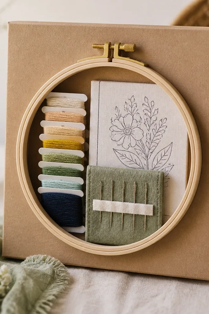 A small wooden embroidery hoop attached to the front of a kraft box like a frame. Inside are neatly arranged thread spools, a tiny felt needle case, and a folded pattern sheet.
