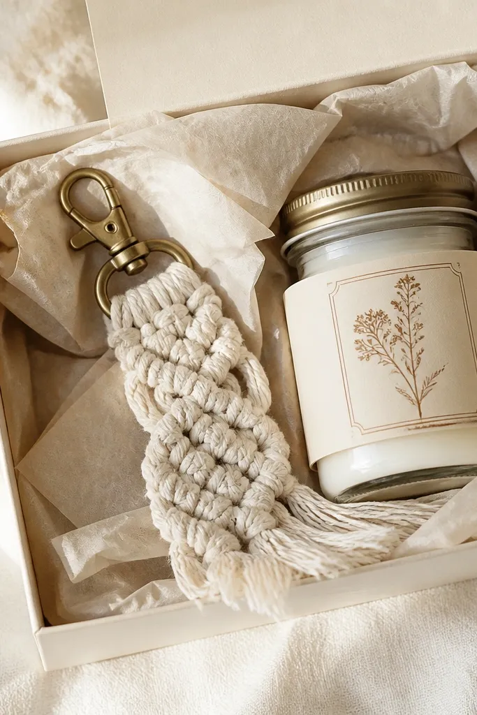A cream box with a macrame keychain resting on top of tissue paper. A small jar candle sits inside wrapped with a matching label that looks like a vintage matchbook.