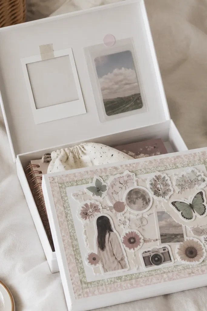 A white box covered with layered stickers on the lid, bordered by two widths of washi tape. The inside top holds a small polaroid-style frame and a clear pocket with a mini photo card.