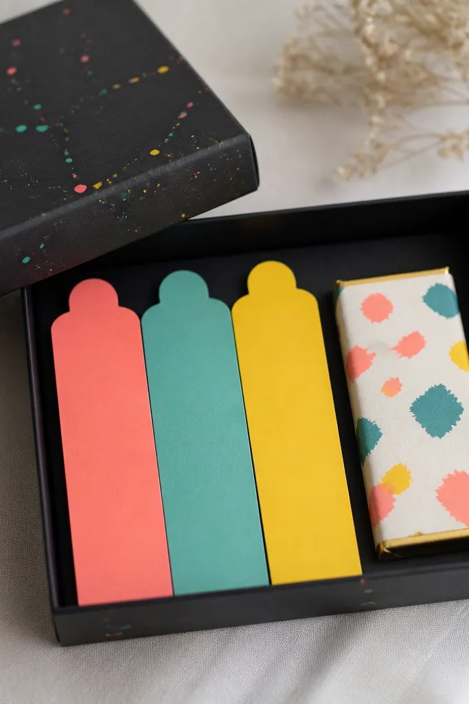 A black box lid with small paint splatters in neon coral, teal, and yellow. Inside are three colorful bookmark tabs made from cardstock and a mini chocolate bar wrapped in patterned paper.