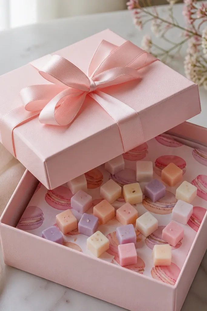 A pastel pink box wrapped with satin ribbon in three loops on the lid. The inside has a macarons-themed paper insert and small soap cubes arranged like confetti.