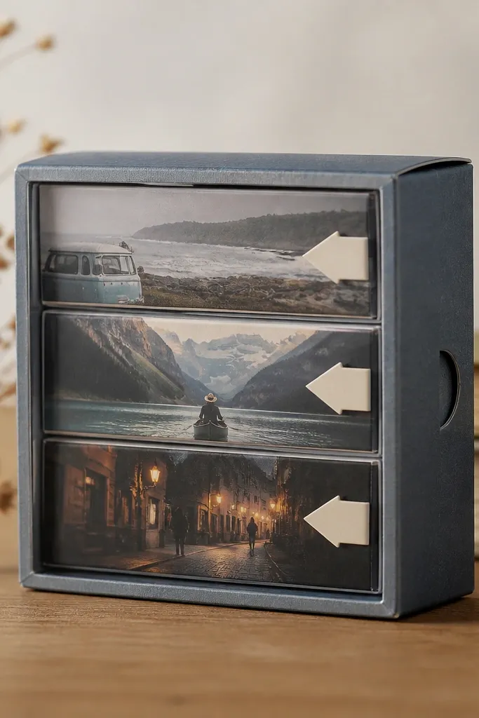 A small box with a front window made of clear acetate and three horizontal sliding panels. Each panel shows a photo label like 'First Trip' and 'Late Night Walk,' with tiny paper arrows to slide.