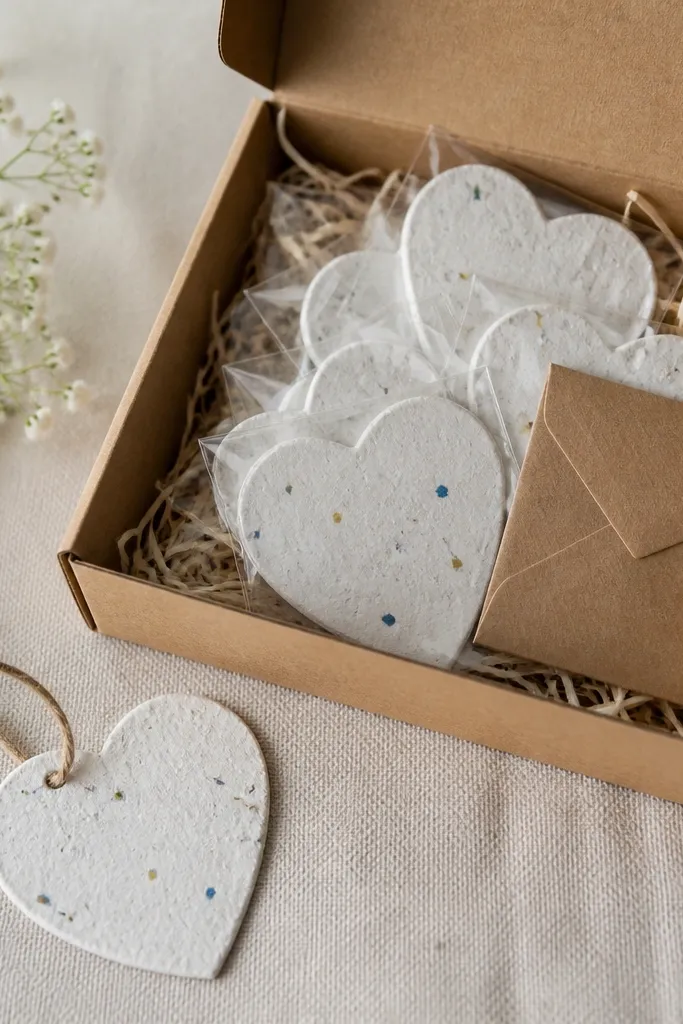 A kraft box with a handmade heart tag made from seed paper. Inside are several small heart-shaped plantable cards, each in a clear sleeve, plus a small envelope of instructions.