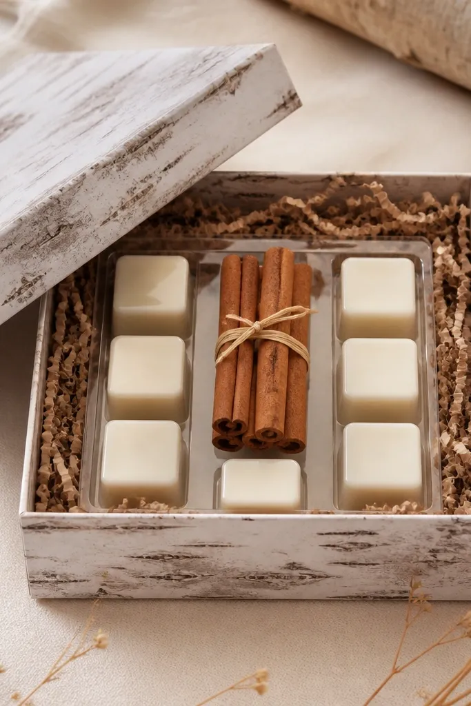 A box covered with faux birch bark print paper. A bundle of cinnamon sticks sits in the center on top of shredded paper, and inside are small wax melt squares in a clear tray.