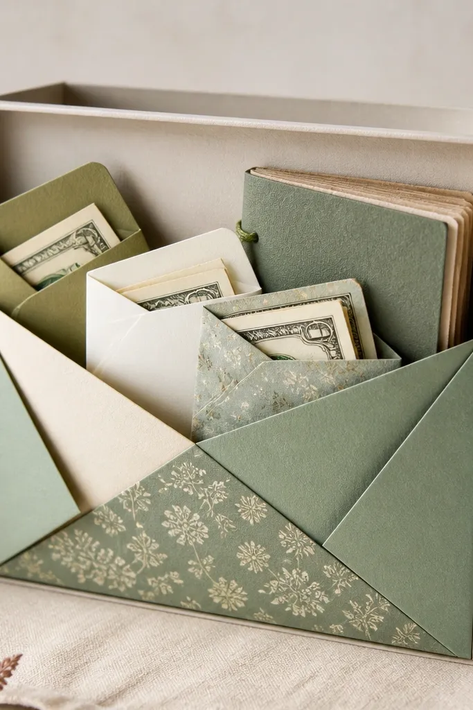 A box with a front made of layered origami-style paper panels forming a pocket. Inside are folded money notes in small envelopes and a tiny booklet labeled with handwritten coupons.