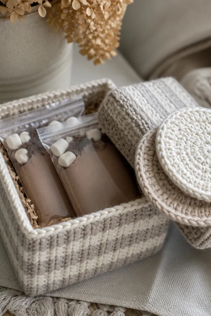 A box wrapped in knitted-looking yarn made from repurposed sweater. On top sits a set of two round coasters crocheted in cream and oatmeal, and inside are two hot cocoa packets in a small cellophane sleeve.