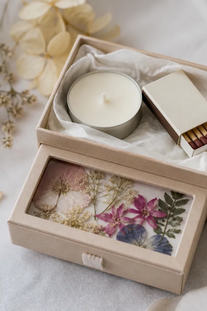A small box with a clear label window showing pressed flowers inside. On the lid is a tea light candle nestled in tissue, and a matchbox-style note sits next to it.