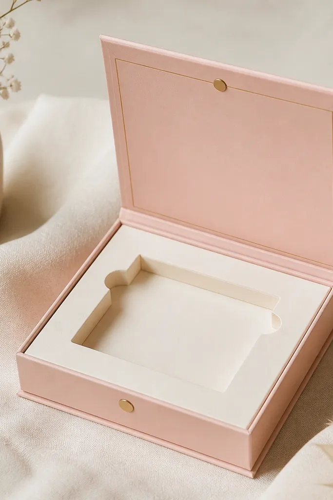 A small clamshell-style paper gift box with two hinged halves. The lid has a matte blush pink cover, a thin gold frame line, and a tiny round magnet catch at the center. Inside, you can see a fitted insert tray in cream cardstock.