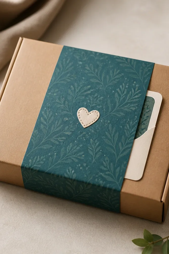 A rectangular paper gift box wrapped with a wide belly band in teal patterned paper. The front band shows a small stitched-looking heart icon. Under the band, a cream side pocket reveals a gift card edge.