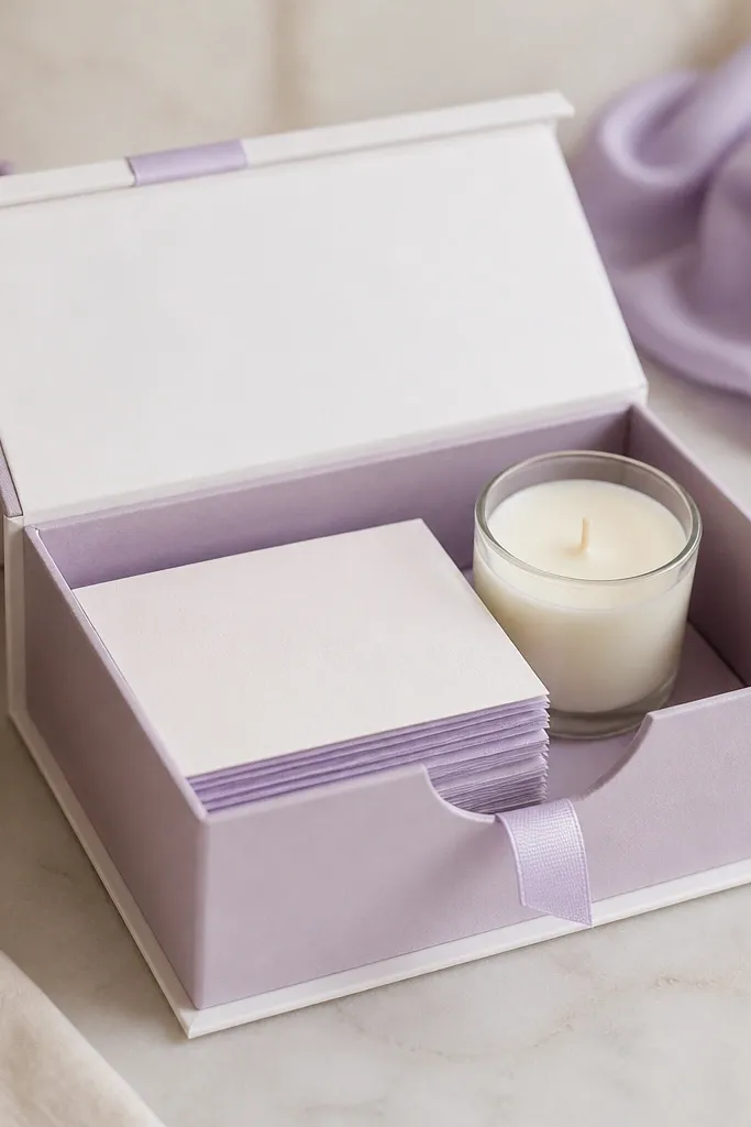 A white and pastel-lavender gift box with a drawer-style tray. A small satin ribbon pull is visible at the front notch. Inside the tray are neatly stacked folded notes and a tiny candle.