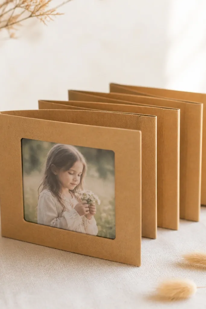 An accordion-fold paper gift box in warm kraft with a clear acetate window on the front. The window shows a small printed photo. The sides fan out when opened.