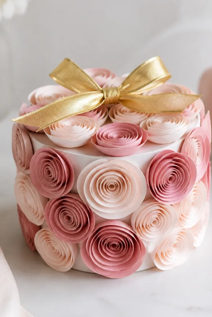 A small round gift box covered in layered rolled paper roses. The base is white cardstock, and the roses are blush and dusty rose. A simple gold bow sits on top.