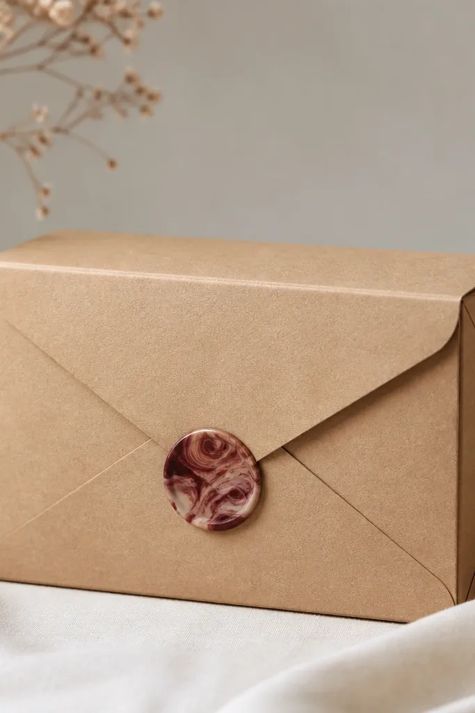 A kraft envelope-style lid box with a faux wax seal circle at the front. The seal looks marbled in burgundy and cream. The sides show crisp envelope folds.