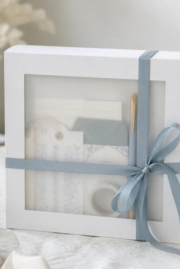 A white paper gift box with a front window covered in vellum. A ribbon frame in dusty blue crosses the window and ties on the side. Inside are small stationery items visible through the semi-translucent panel.