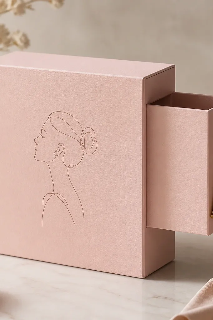 A blush pink box with a side pocket that folds out. A small tassel pull in gold thread hangs from the pocket edge. The front has a minimal line drawing.