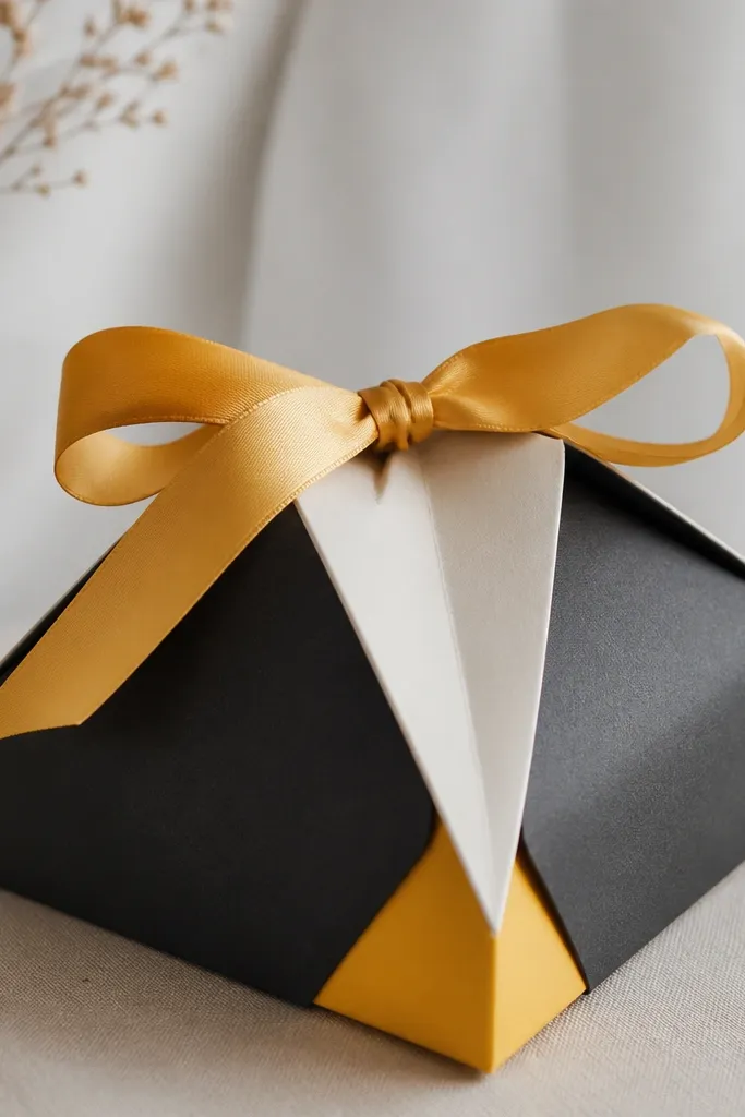 A geometric paper gift box with triangular corner folds. The top edges meet at three points, and a satin ribbon knot ties at the center. Colors are black, cream, and a pop of mustard yellow.