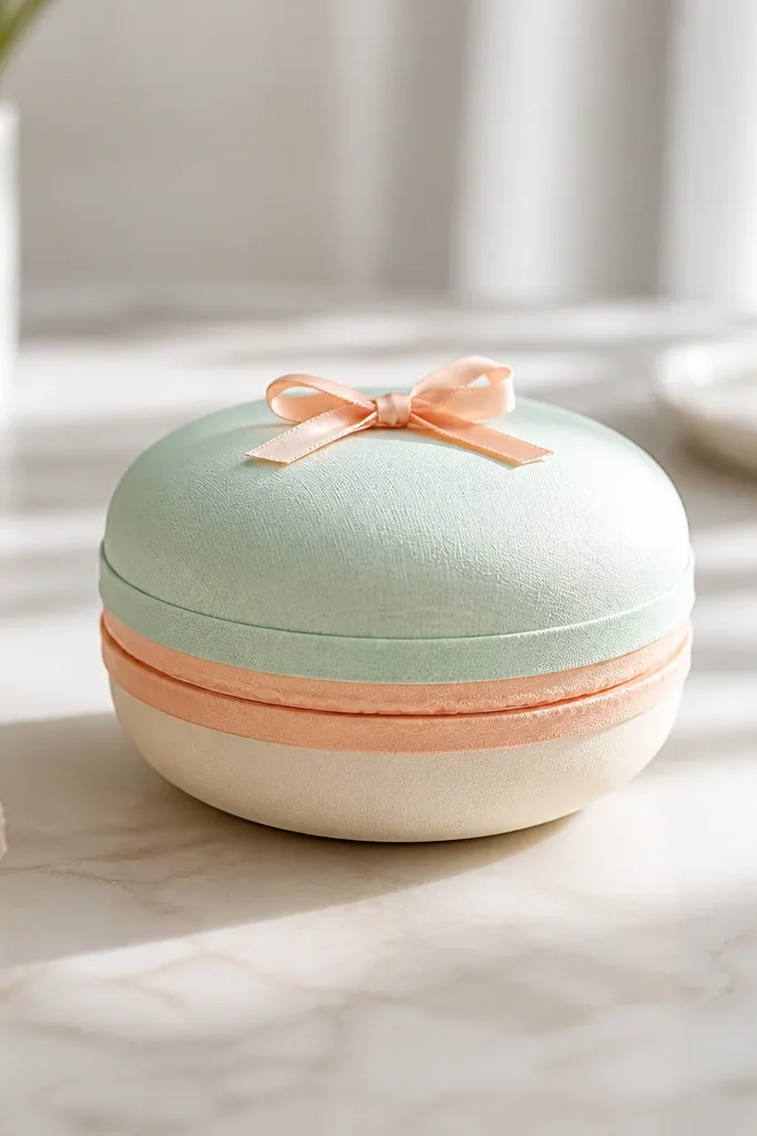 A pastel paper gift box shaped like a macaron. The lid has two layered horizontal bands in mint and peach, with a tiny bow at the top center. The base is pale cream.