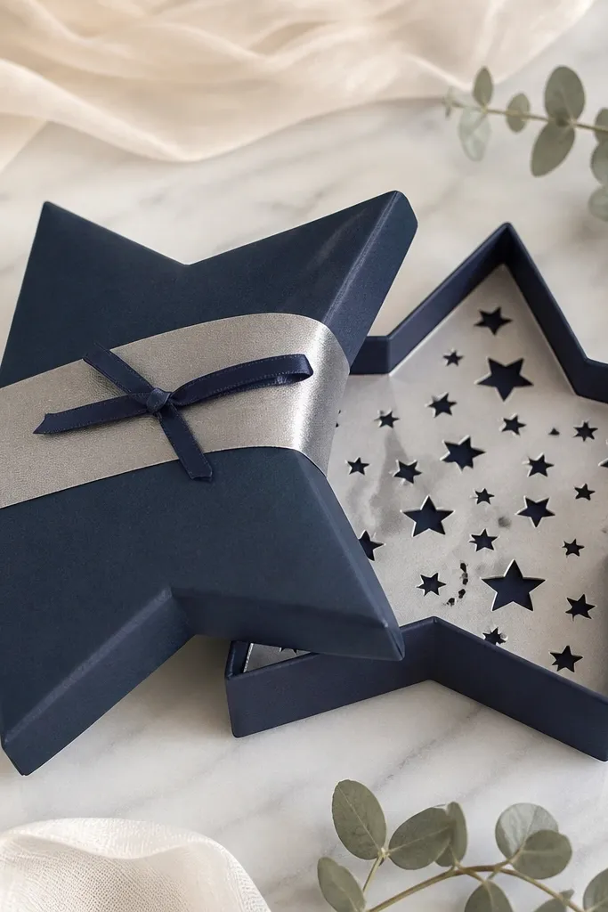 A star-shaped paper gift box in navy and silver. The lid opens to reveal a star cutout pattern. A silver belly band wraps around the center with a small navy ribbon tie.