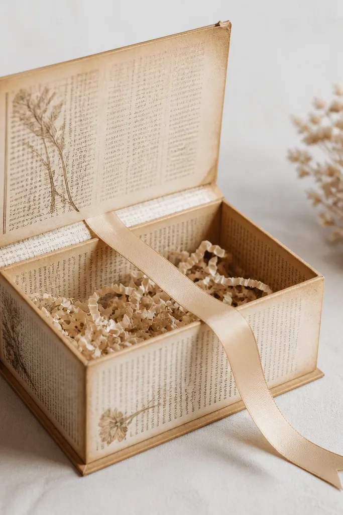A hinged paper gift box covered in vintage book-page print. The lid opens like a small book. A long bookmark ribbon hangs from the spine area, and the corners have light tea-stained edges.
