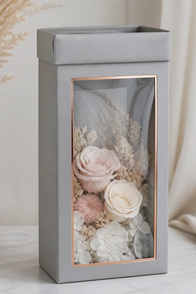 A tall paper gift box with a rolled cuff rim at the top. The front has a clear acetate top window. The outside is soft gray with a thin rose-gold line around the window.