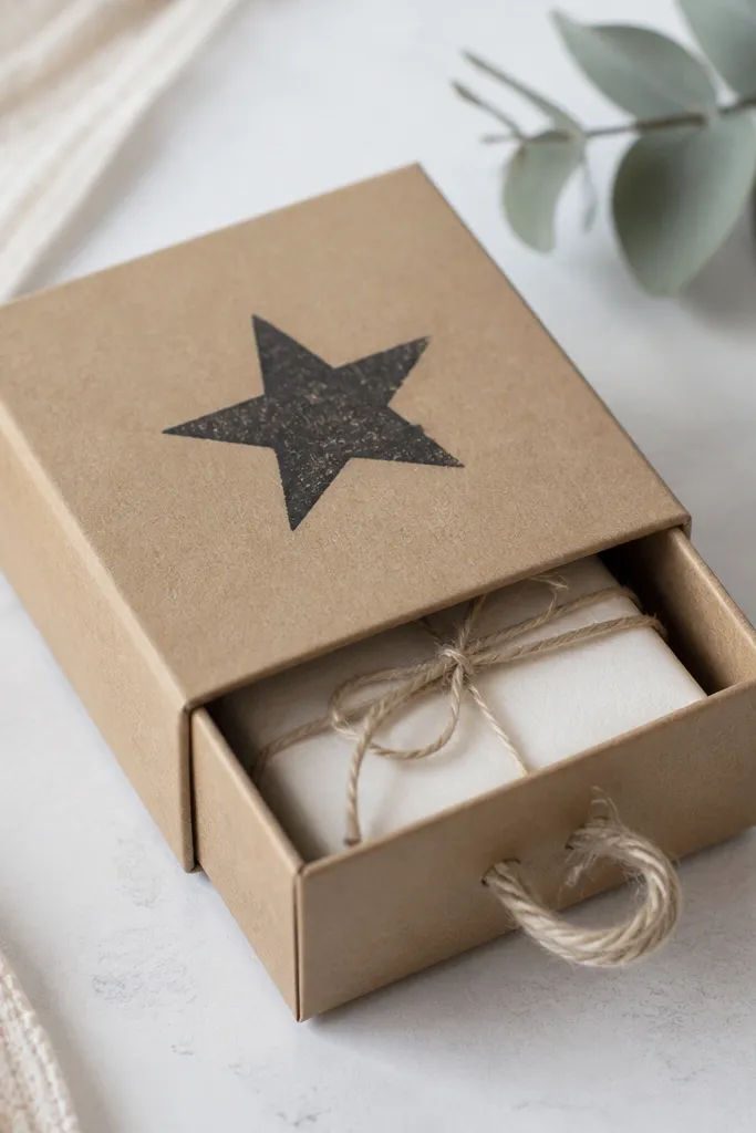 A kraft paper drawer-style gift box with a small twine handle loop on the front. The drawer slides out, revealing a neatly wrapped mini gift inside. The front has a stamped star in dark ink.