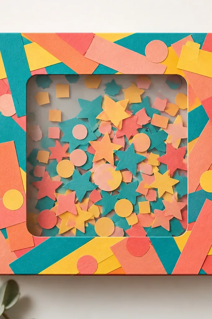 A flat shadow box style paper gift with a clear window in the center. Around the window, layered paper strips form a confetti frame in yellow, coral, and teal. Inside are tiny cut paper shapes.