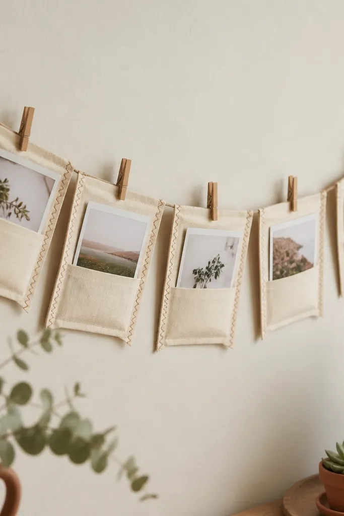 A string banner made from 2-inch wide strips of cream cotton with a zigzag stitch edge. Small fabric pockets hold Polaroid-style photos. The banner hangs from twine clips on a light wall, with mini clothespins and muted sage and terracotta accents.