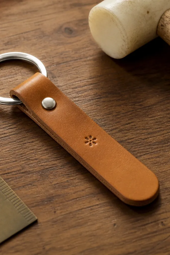 A tan leather keychain strip with a rounded end. A small stamped mark sits near the center, and a neat metal keyring is attached. The background is a wooden desk with a ruler and a small mallet.