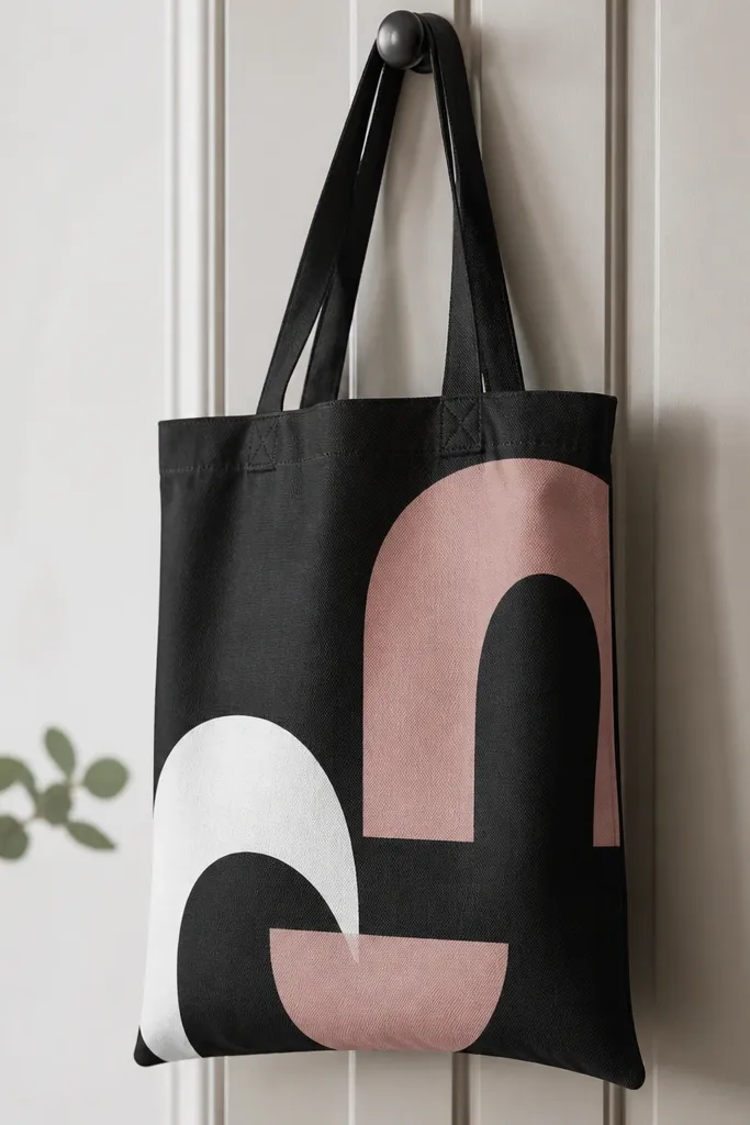 A black canvas tote bag with bold heat-set vinyl letters in dusty pink and white. The vinyl edges are crisp and matte. A small stitched seam detail is visible near the handle, and the bag hangs on a door hook.
