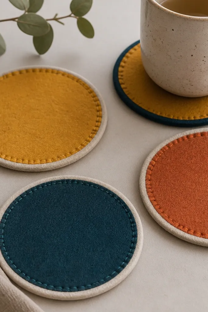 Four felt coasters in a set: two in mustard yellow, one in deep teal, one in terracotta. Each coaster has a contrasting felt border and a neat hand-stitched edge using matching thread.